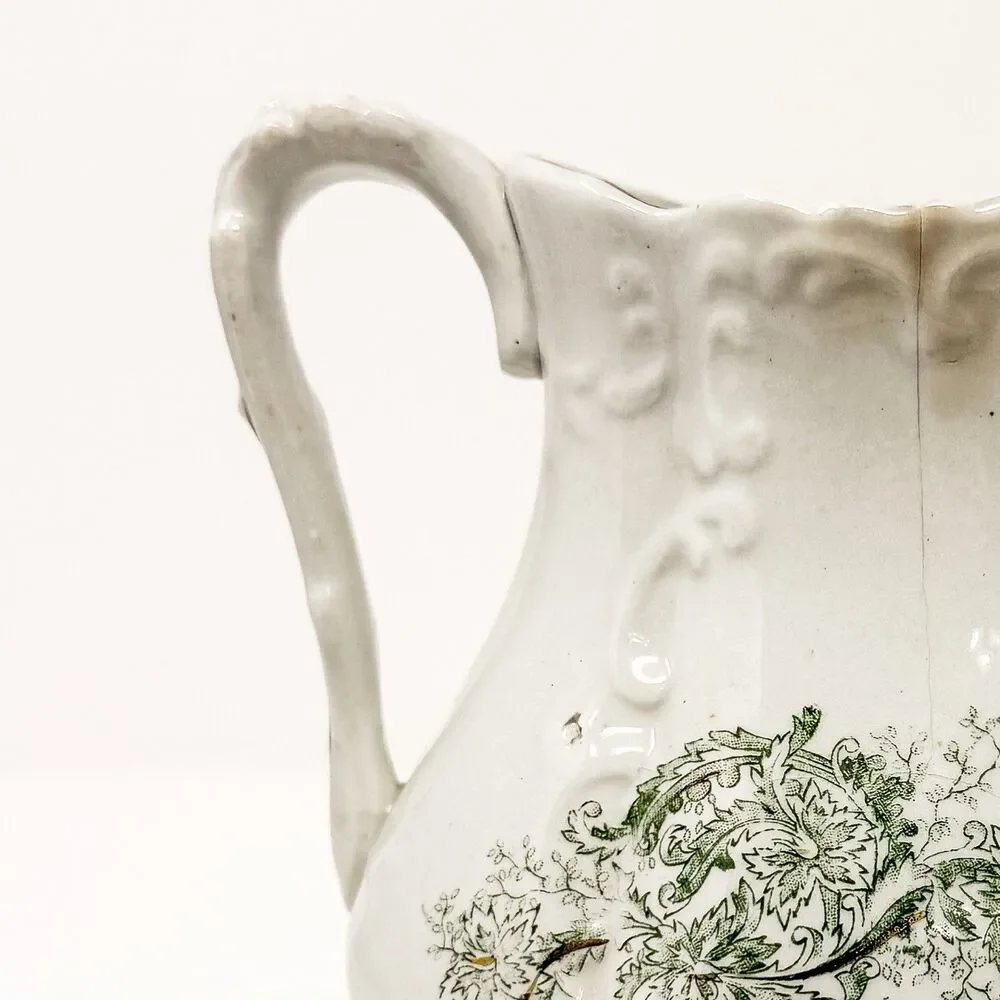Antique Wick China Co Aurora Ironstone Pitcher Green Transferware Floral Gilt